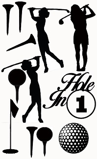 Golf, hole in 1, female , golfer,gold balls, tees,110 x 180mm mi